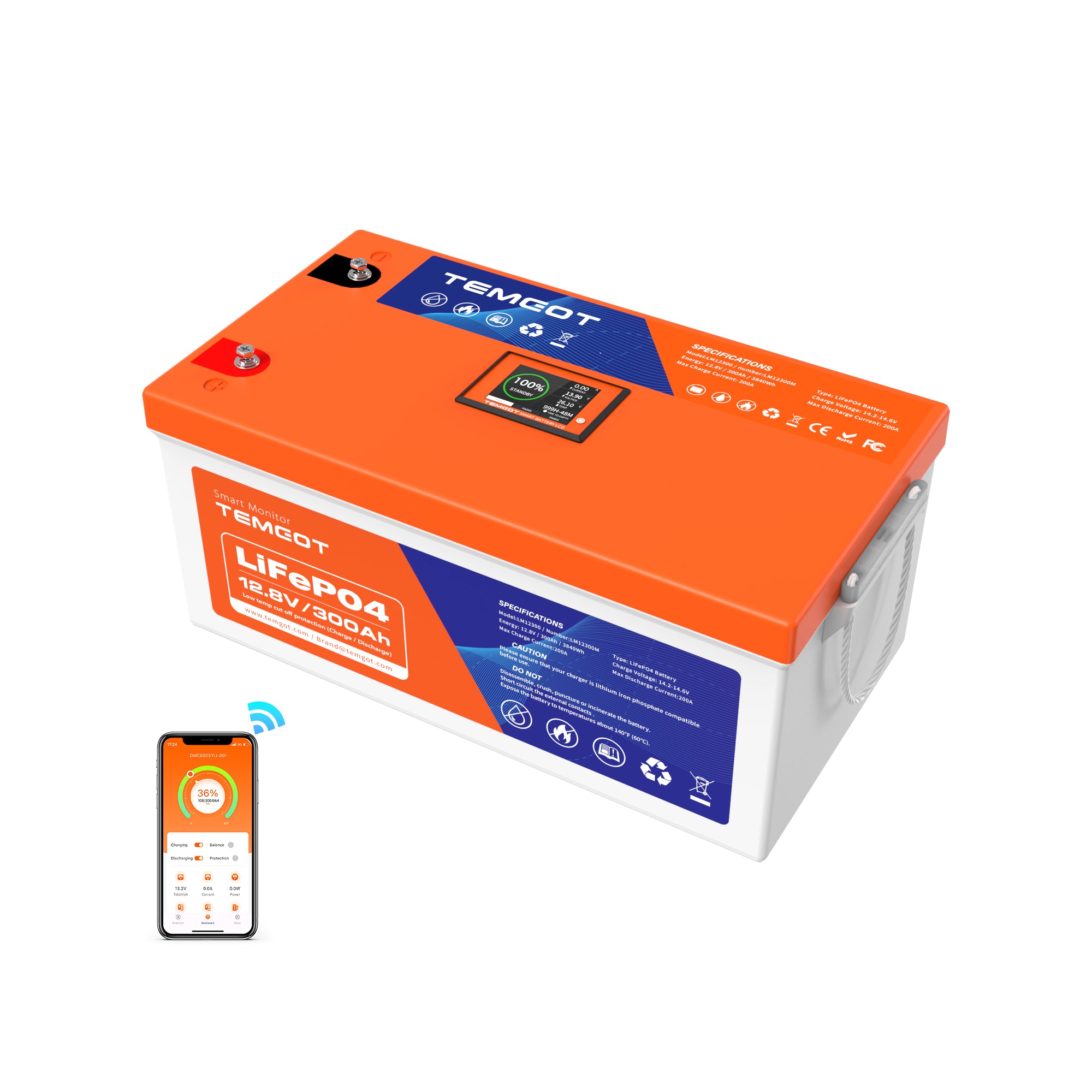 Temgot LiFePO4 Battery 12V 300Ah Lithium Battery - Built-in Bluetooth, 5000+ Cycles, Perfect for Replacing Most of Backup Power, Home Energy Storage and Off-Grid etc.