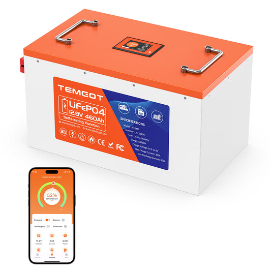 Temgot 12V 460Ah RV Lithium Battery with Self-heating, Bluetooth & 2.1" Touchable LCD Display Screen, 300A BMS RV Battery