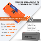 Temgot 12V 200Ah 200A BMS Heated Lithium Battery