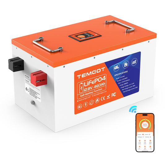 Temgot 12V 460Ah RV Lithium Battery with Self-heating, Bluetooth & 2.1" Touchable LCD Display Screen, 300A BMS RV Battery