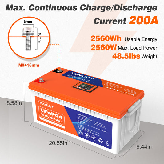 Temgot 12V 200Ah LiFePO4 Lithium Battery, Up to 5000 Cycles, Built-in Smart BMS, Bluetooth w/ LCD Display, Perfect for RV, Solar, Marine, Overland/Van, and Off Grid Applications