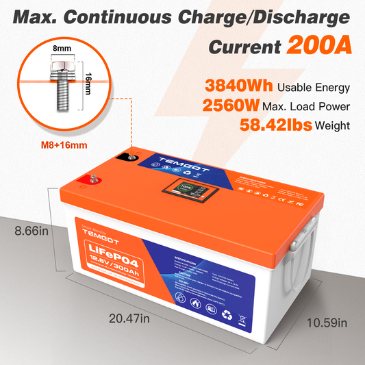 Temgot LiFePO4 Battery 12V 300Ah Lithium Battery - Built-in Bluetooth, 5000+ Cycles, Perfect for Replacing Most of Backup Power, Home Energy Storage and Off-Grid etc.