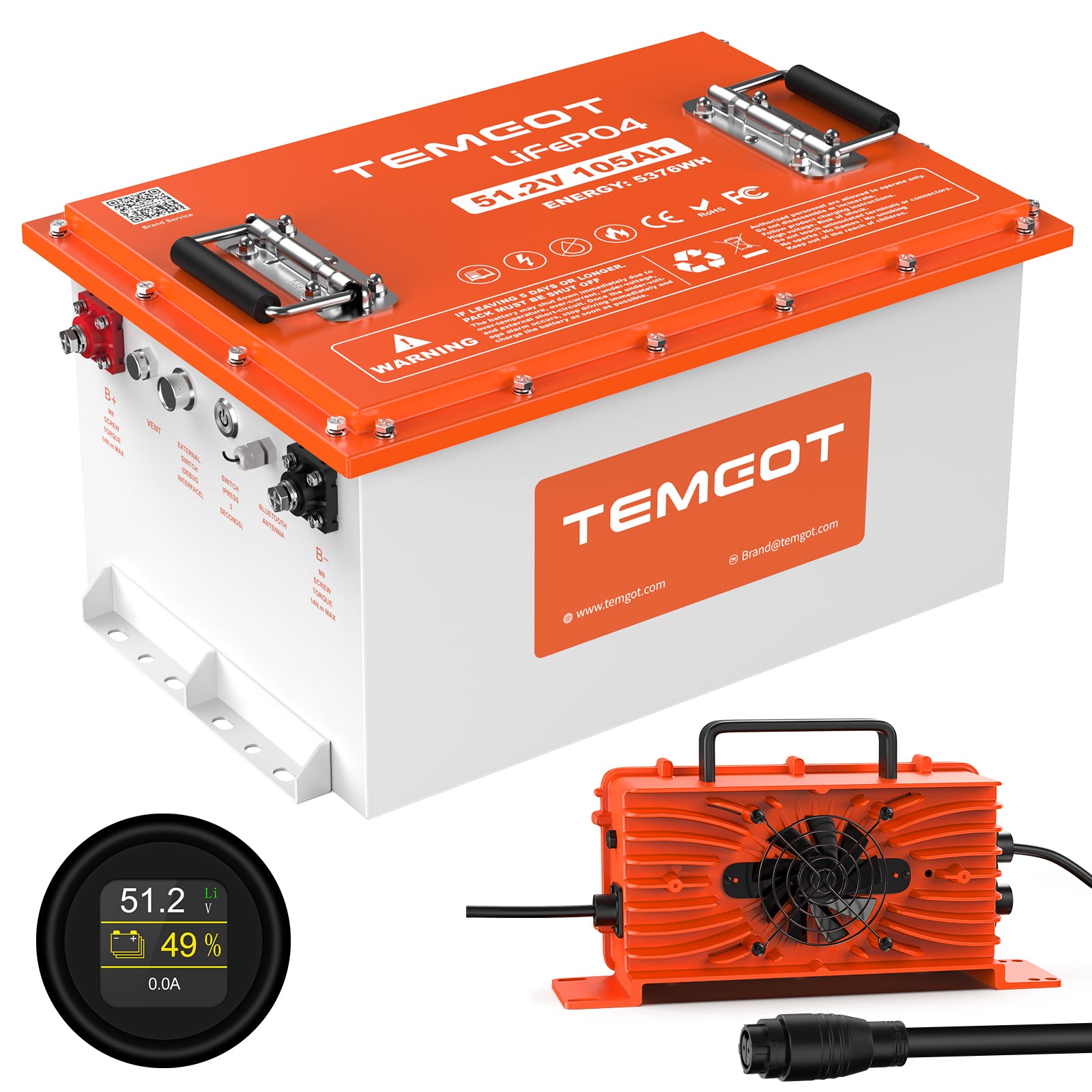 Temgot 48V (51.2V) 105Ah Lithium Golf Cart Battery with Touch Monitor, 4000+ Cycles, Rechargeable 200A BMS LiFePO4 Battery