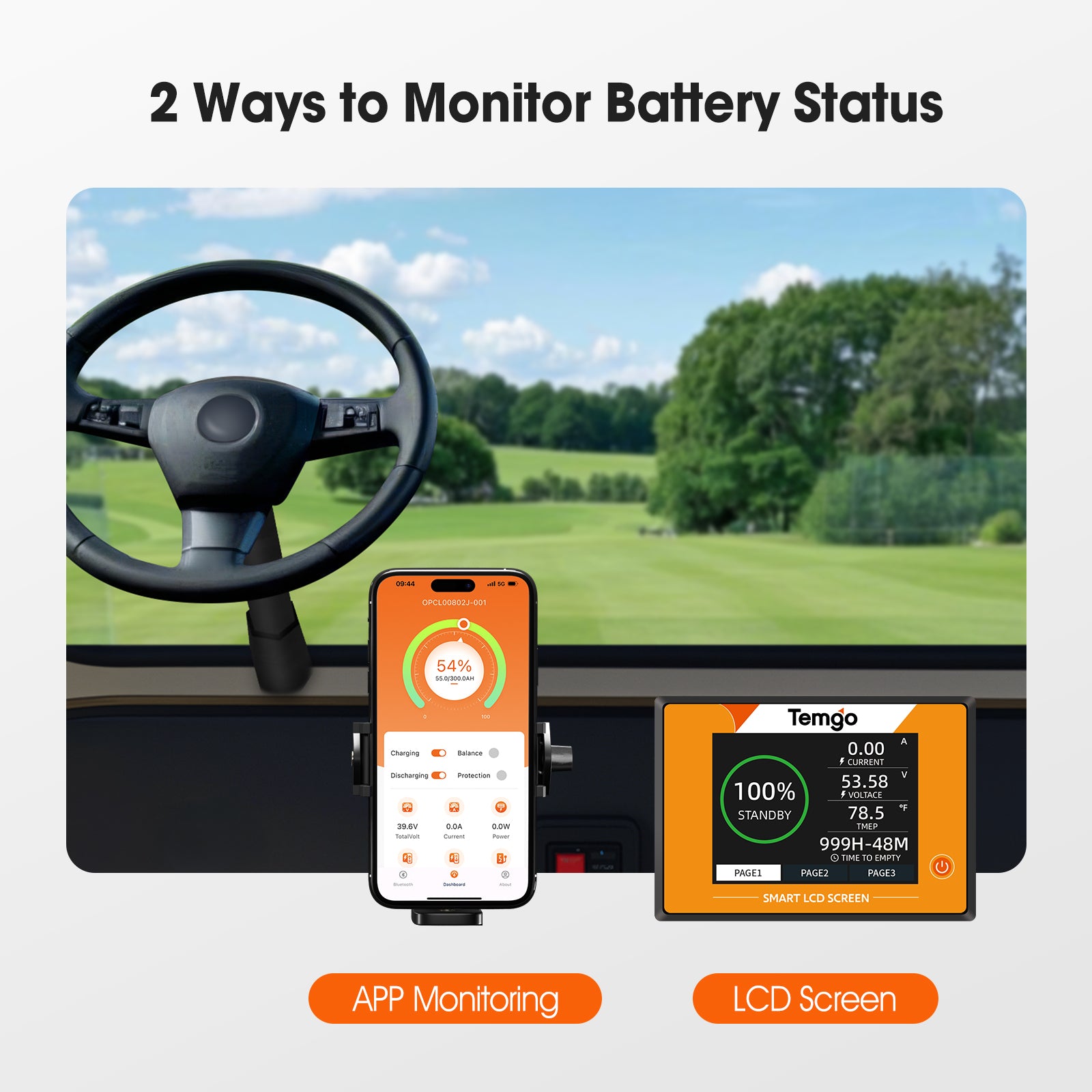 Temgo 36V (38.4V) 100Ah LiFePO4 Lithium Golf Cart Battery, Built-in 200A BMS, Complete Upgrade Kit with Charger, LCD Display, Voltage Converter, Retention Strap & App, Max 7.68kW Power Output, 5000+ Cycles