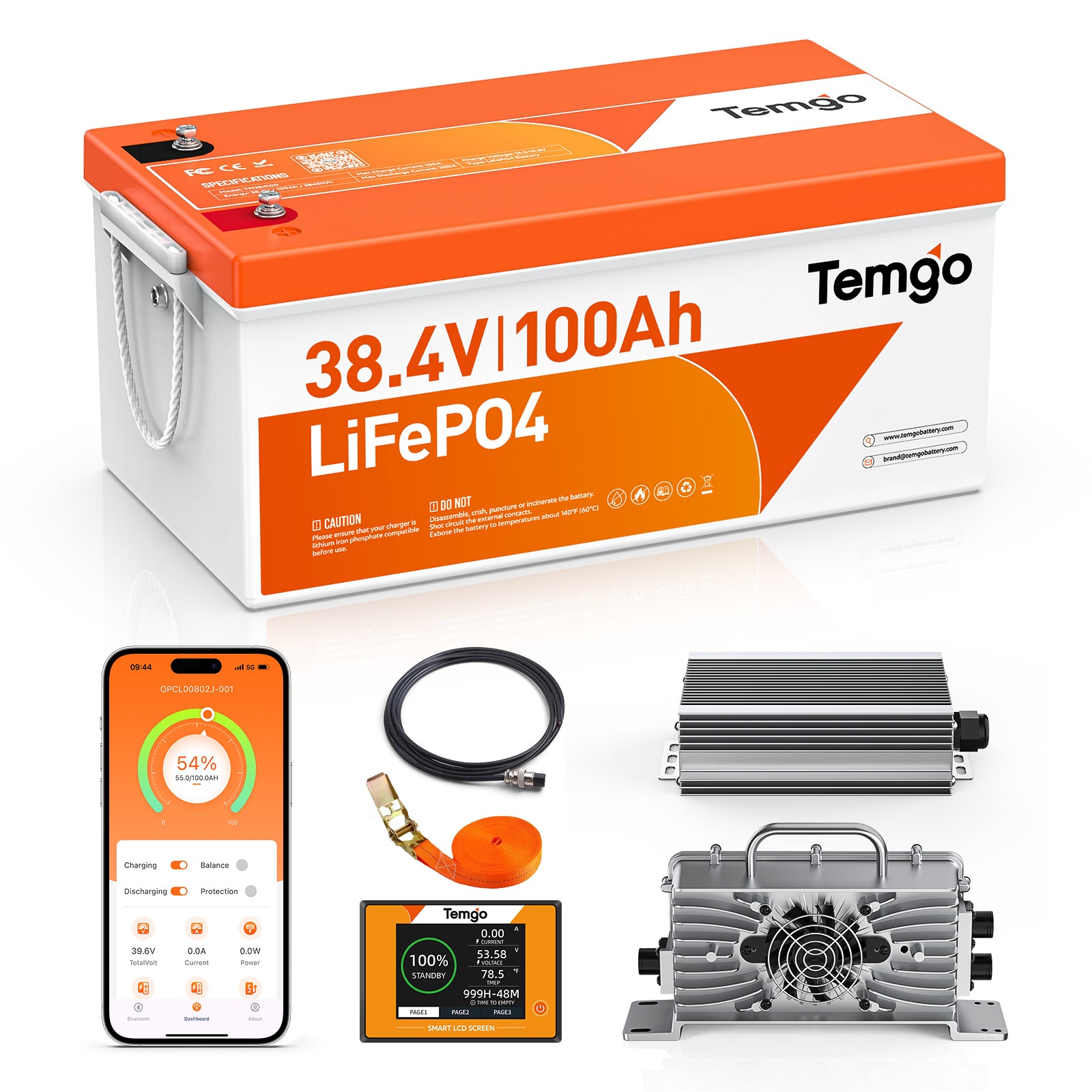 Temgo 36V (38.4V) 100Ah LiFePO4 Lithium Golf Cart Battery, Built-in 200A BMS, Complete Upgrade Kit with Charger, LCD Display, Voltage Converter, Retention Strap & App, Max 7.68kW Power Output, 5000+ Cycles