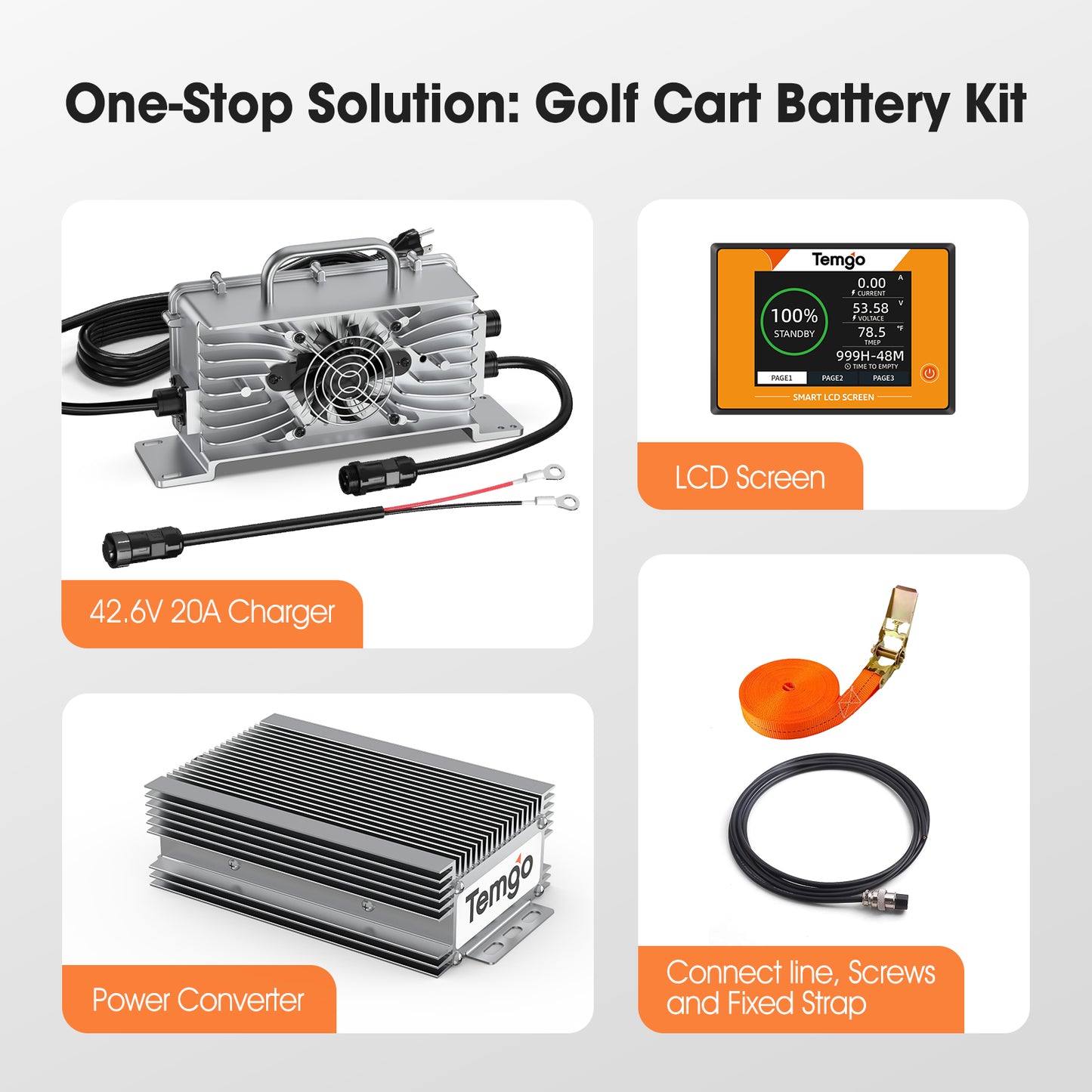 Temgo 36V (38.4V) 100Ah LiFePO4 Lithium Golf Cart Battery, Built-in 200A BMS, Complete Upgrade Kit with Charger, LCD Display, Voltage Converter, Retention Strap & App, Max 7.68kW Power Output, 5000+ Cycles