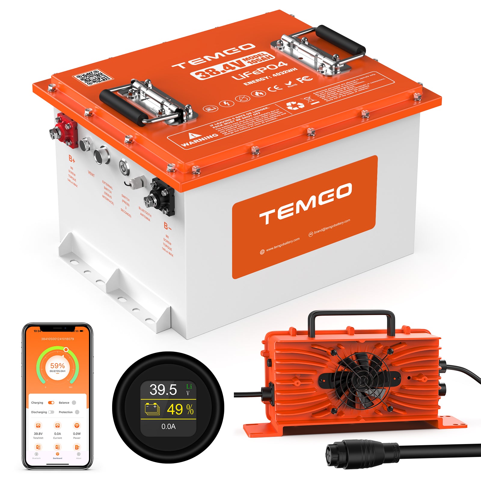 Temgo 36V (38.4V) 105Ah Lithium Golf Cart Battery with Touch Monitor, 4000+ Cycles, Rechargeable 200A BMS LiFePO4 Battery