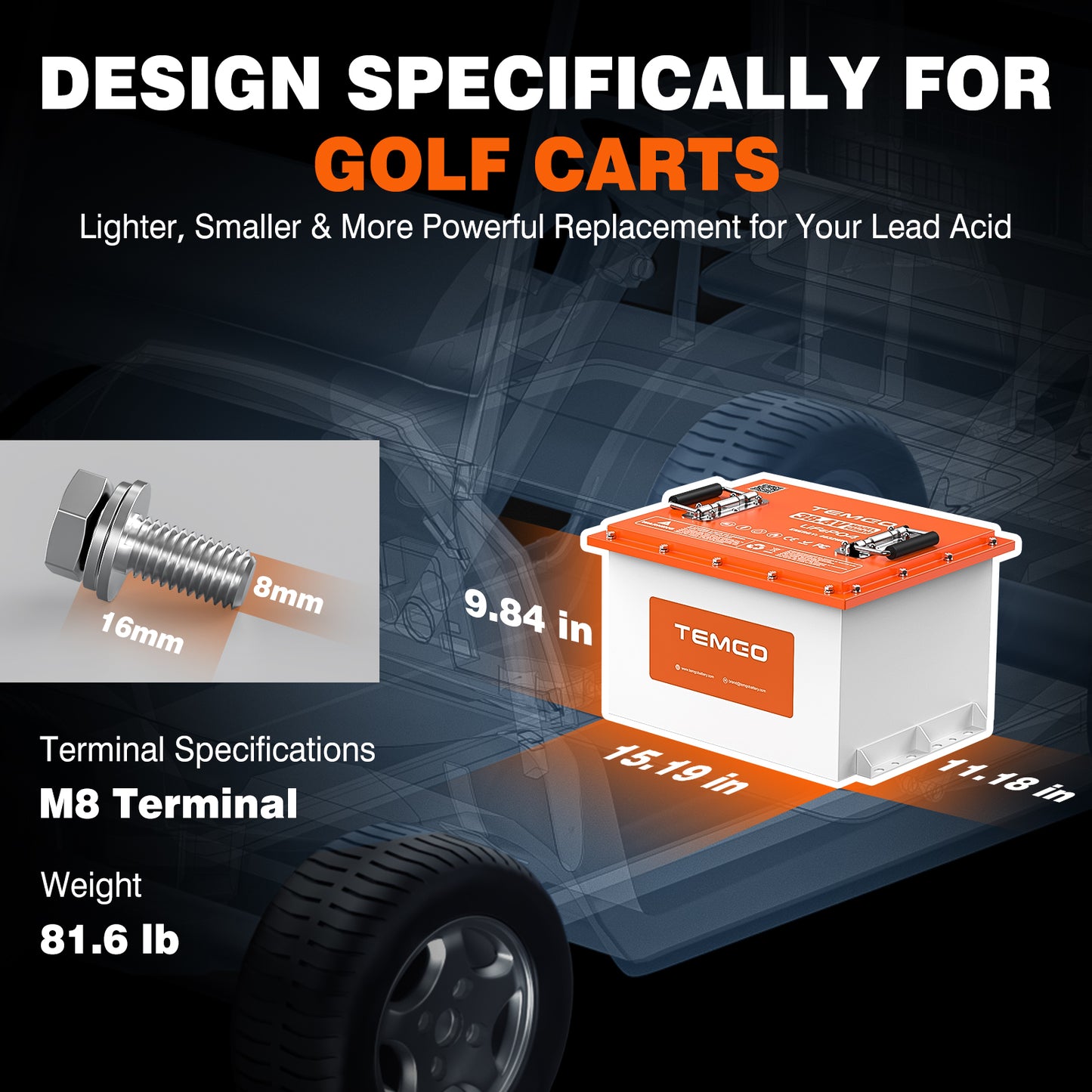 Temgo 36V (38.4V) 105Ah Lithium Golf Cart Battery with Touch Monitor, 4000+ Cycles, Rechargeable 200A BMS LiFePO4 Battery