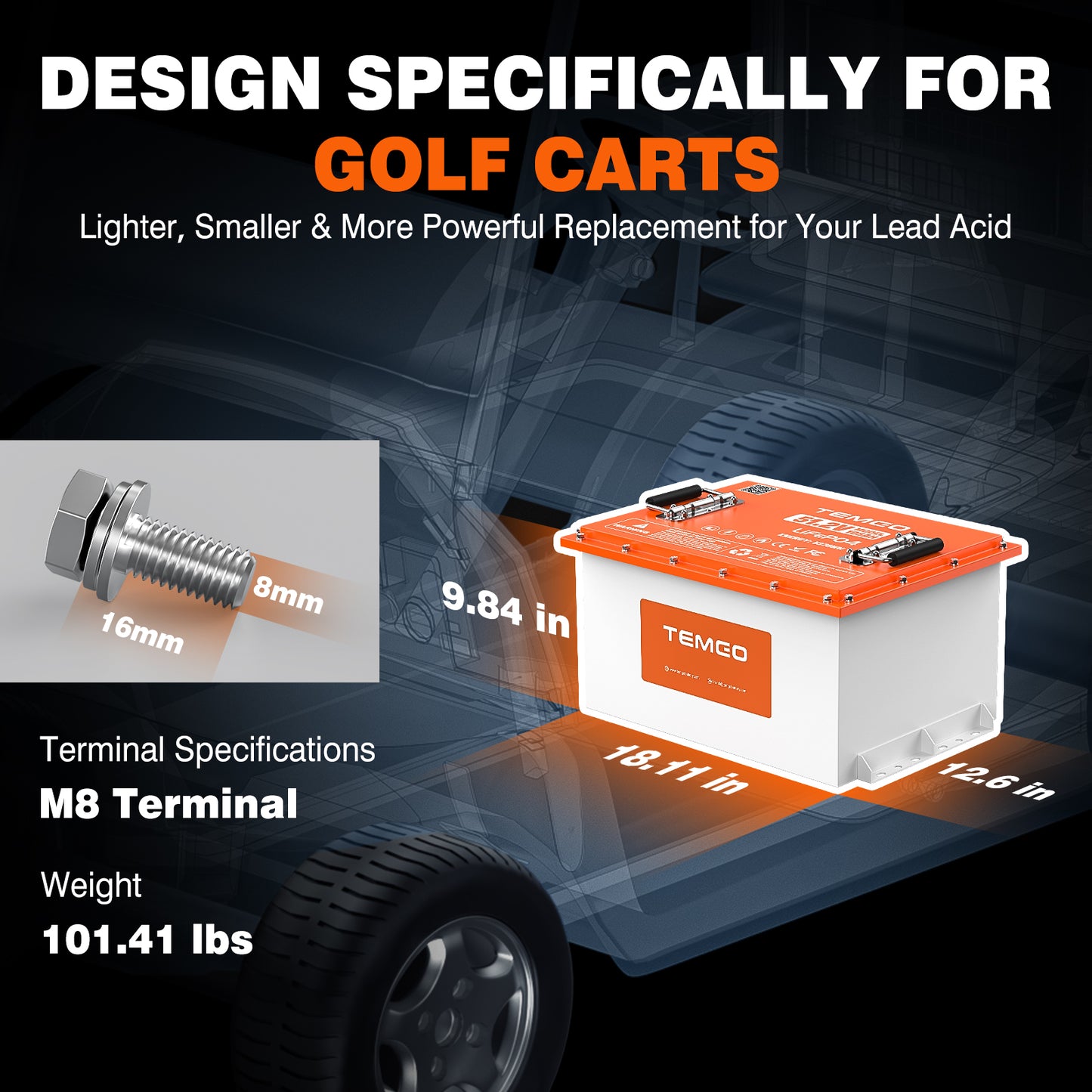 Temgo 48V (51.2V) 105Ah Lithium Golf Cart Battery with Touch Monitor, 4000+ Cycles, Rechargeable 200A BMS LiFePO4 Battery