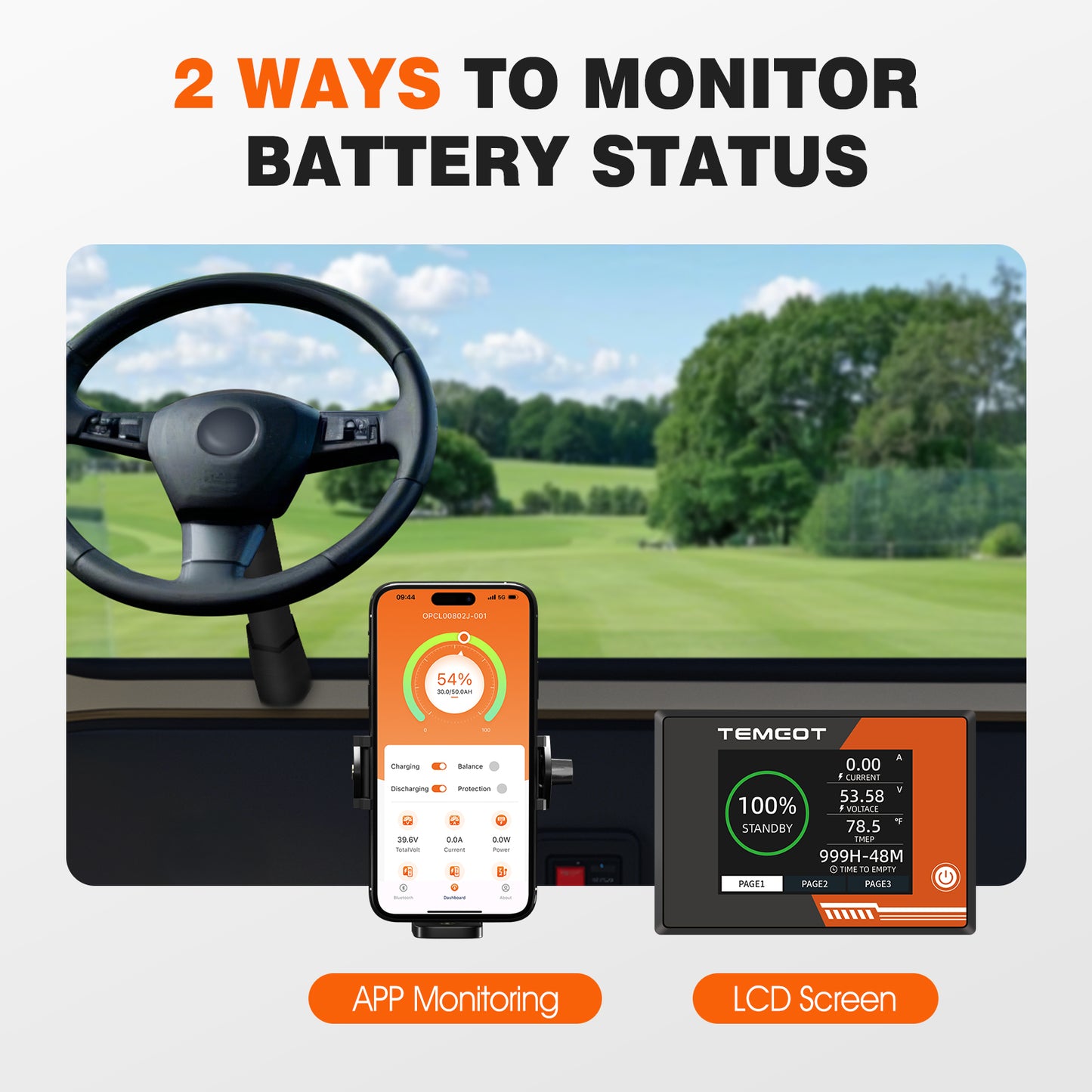 48V(51.2V) 50Ah LiFePO4 Lithium Golf Cart Batteries, Built-in Smart 100A BMS with Monitor and Mobile APP, 5000+ Cycles Rechargeable, Max 5.12kW Power Output, Iron Case Protection