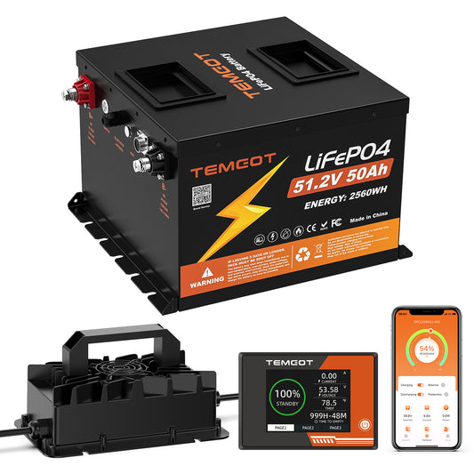 48V(51.2V) 50Ah LiFePO4 Lithium Golf Cart Batteries, Built-in Smart 100A BMS with Monitor and Mobile APP, 5000+ Cycles Rechargeable, Max 5.12kW Power Output, Iron Case Protection