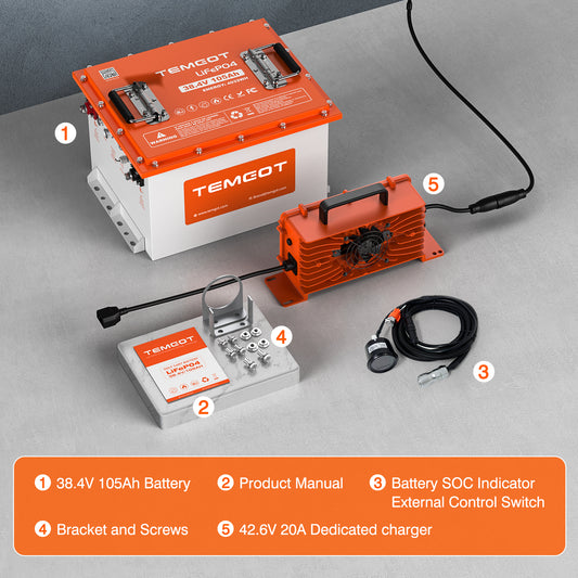 Temgot 36V (38.4V) 105Ah Lithium Golf Cart Battery with Touch Monitor, 4000+ Cycles, Rechargeable 200A BMS LiFePO4 Battery